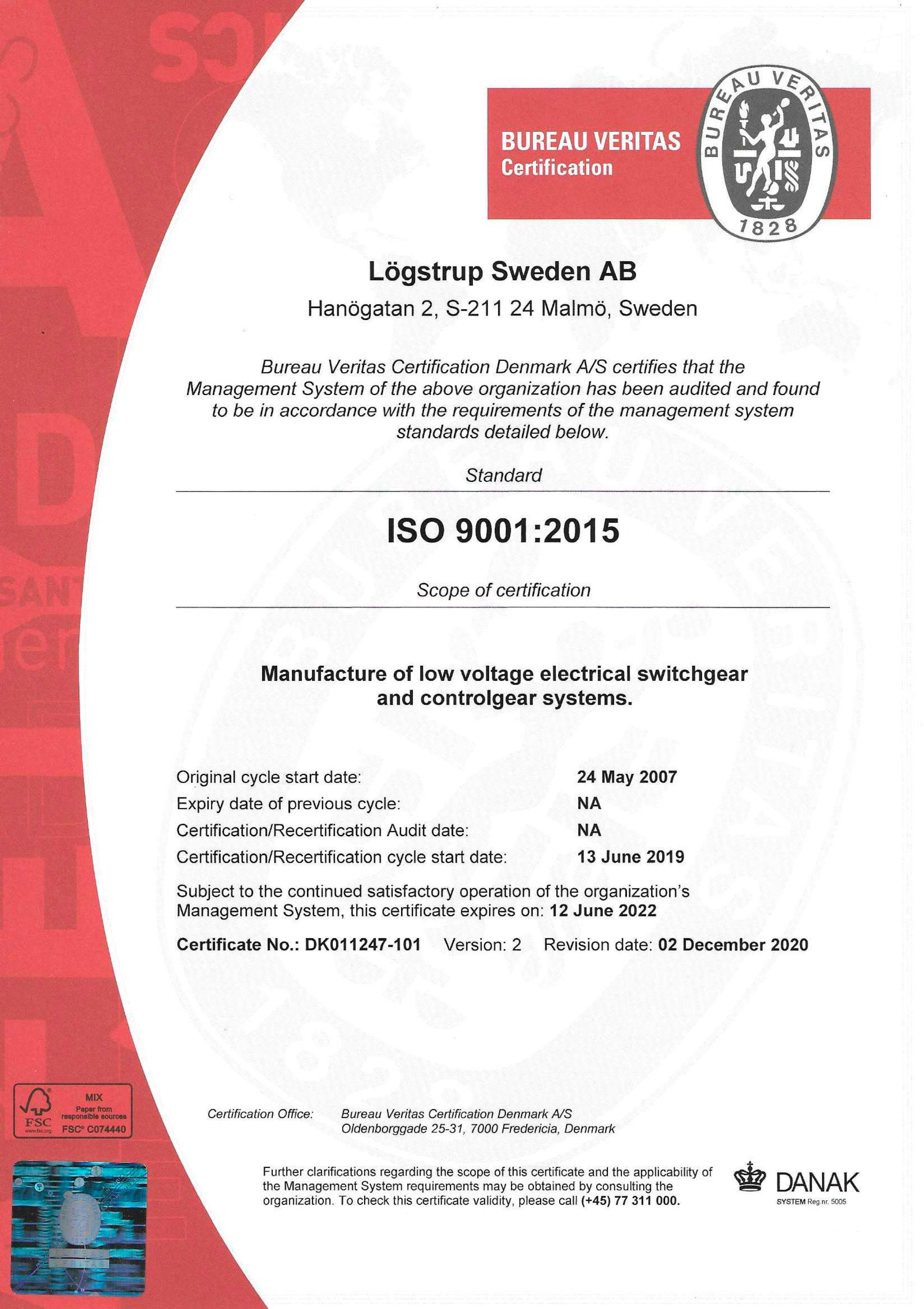 Certificat ISO 9001:2015 logstrup sweden 2020