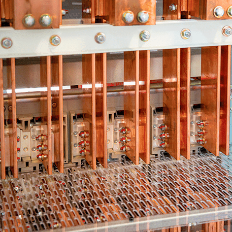 Busbars in copper being used in Logstrup Switchboard made of cobber components in the electrical switchboards