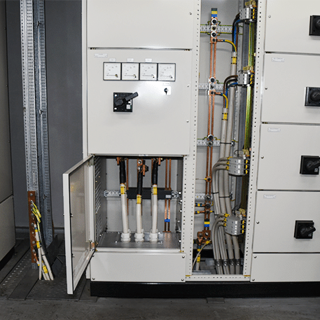 Switchboard with view inside cablesection - case storebælt